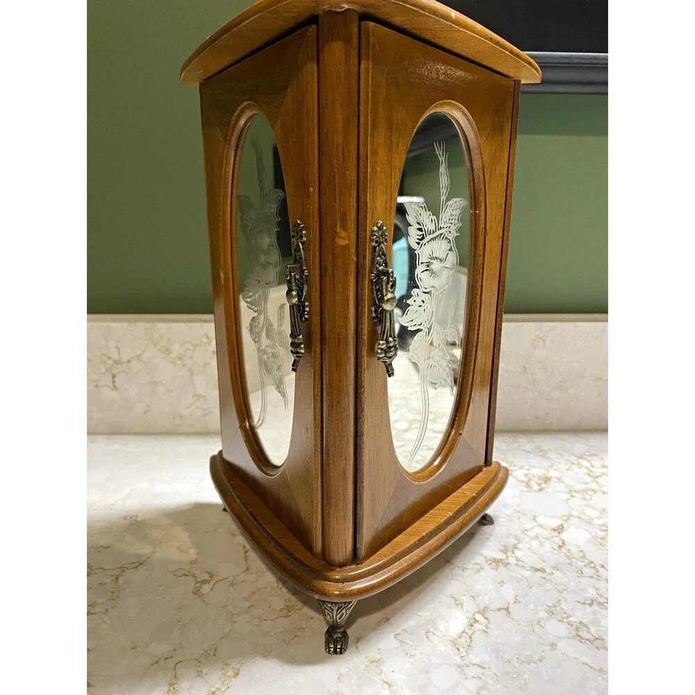 Vintage Triangle Wood Jewelry Box w/ Mirror – Floral Glass Doors – Earring Hooks